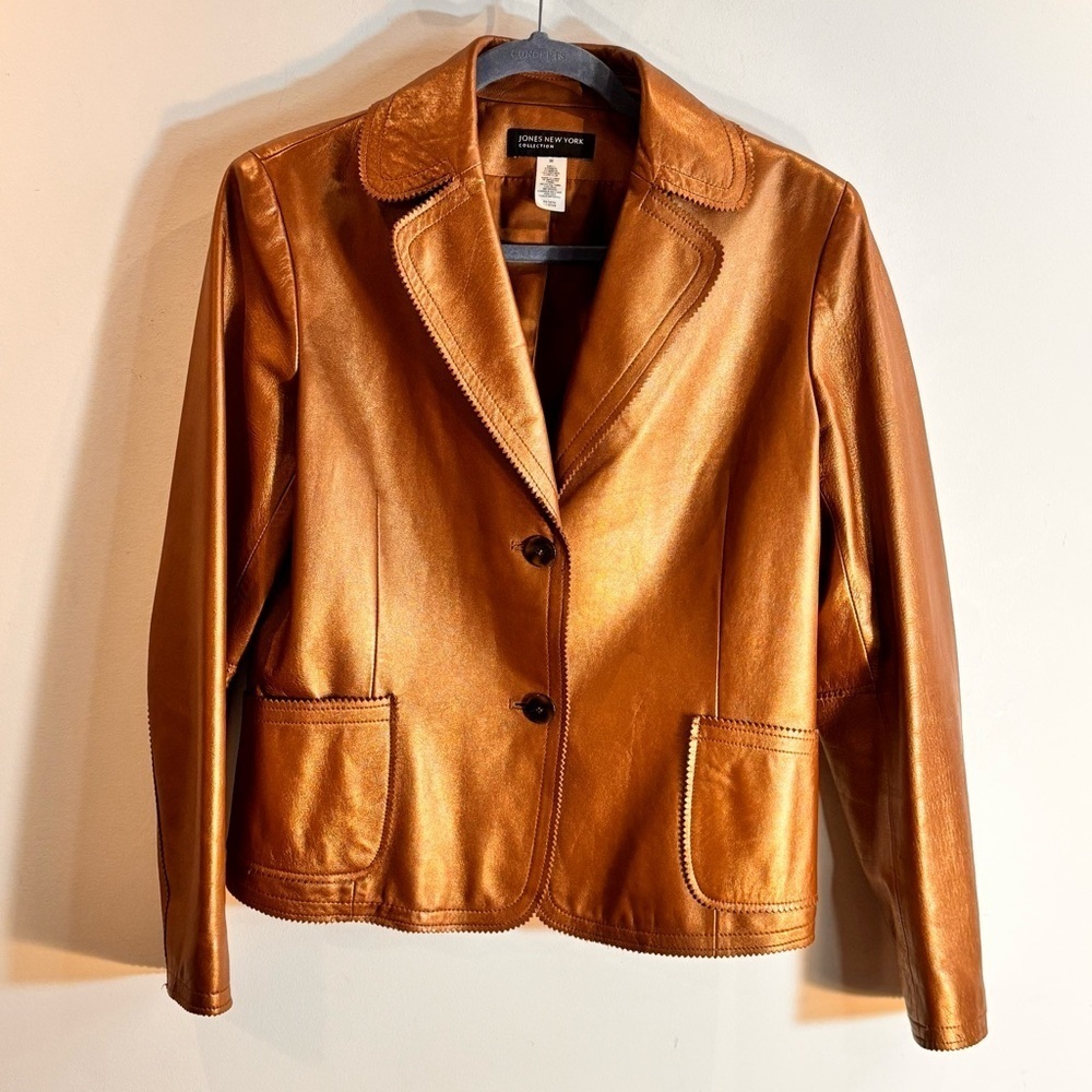 Jones New York SZ M Copper Tan Leather Metallic Sheen Lined Jacket with Pockets - Picture 1 of 9